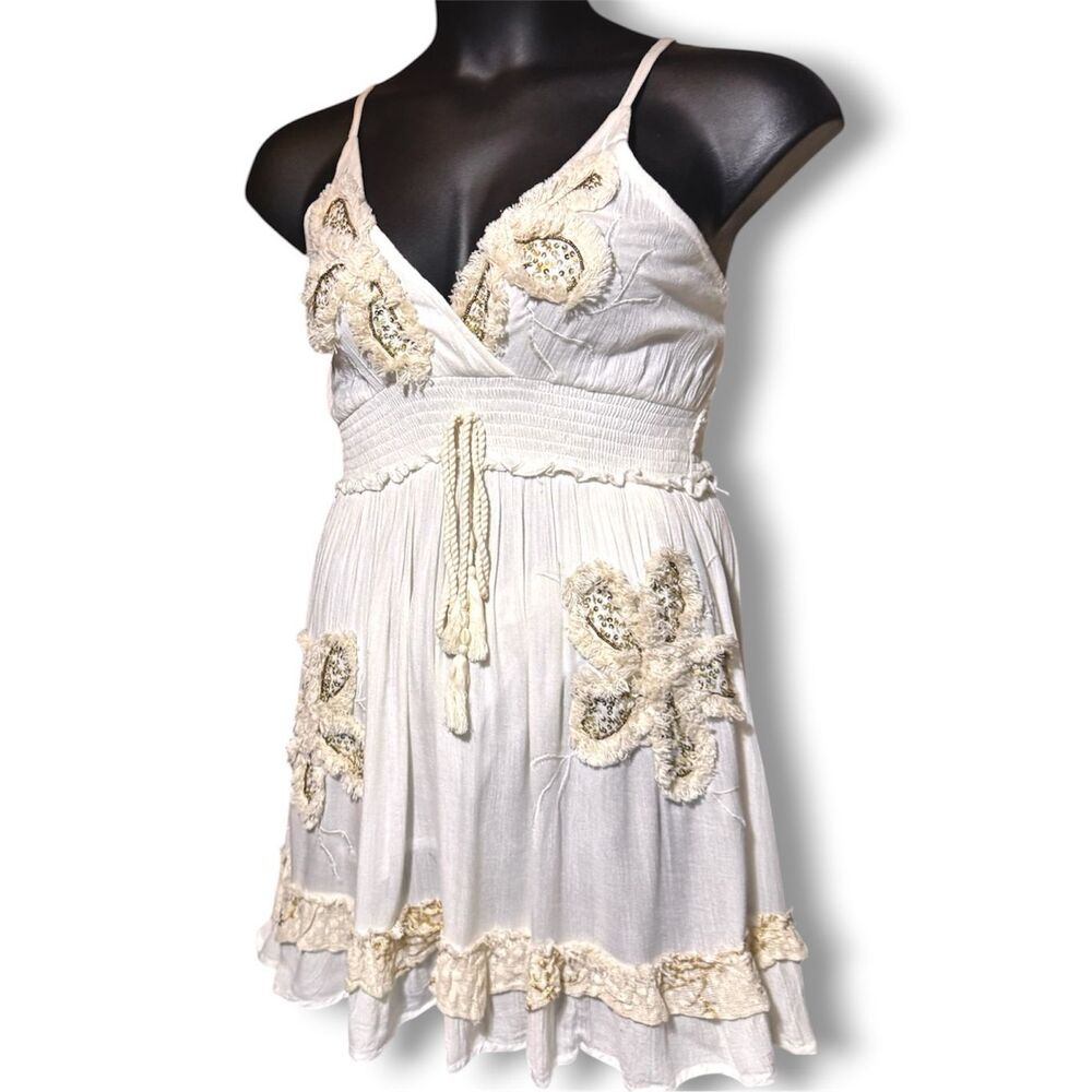 POL Boho Embroidered Mini Dress Smocked Waist Floral Tassel Tie Ivory Cream NEW - Picture 13 of 16